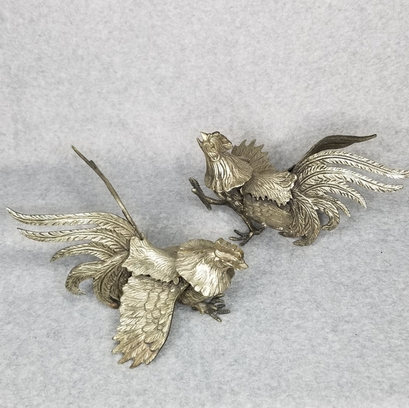 Pair Fighting Gamecock Roosters Vintage Italian Brass Figurines Made in Italy - Picture 11 of 17